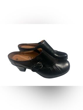Earth Spirit Emily Classics Black Leather Clogs Mule Heel Comfort Buckle 8.5